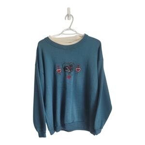 Vintage Essential Needs Cat And Hearts Crewneck Sweater Medium Double Collar